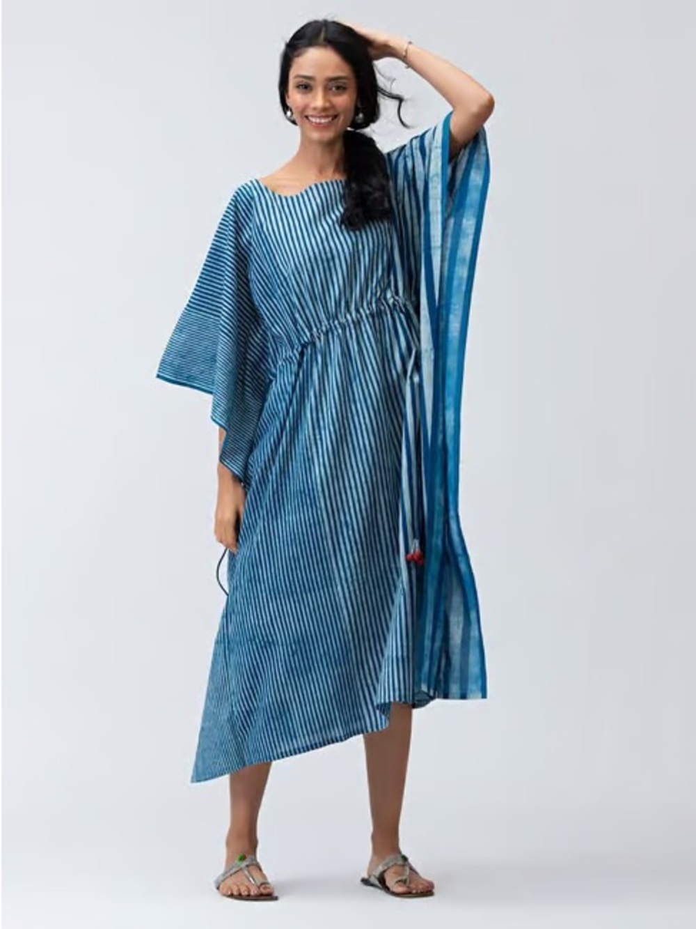 Fabindia Blue Striped Kaftan Dress with Draped Sleeve